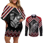 New Zealand Christmas Taniko Poutama Couples Matching Off Shoulder Short Dress and Long Sleeve Button Shirt Mountainscape Maori Fern - Aussie Hoodie