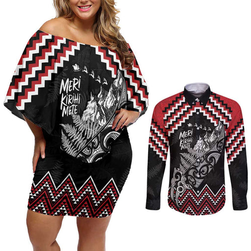 New Zealand Christmas Taniko Poutama Couples Matching Off Shoulder Short Dress and Long Sleeve Button Shirt Mountainscape Maori Fern - Aussie Hoodie