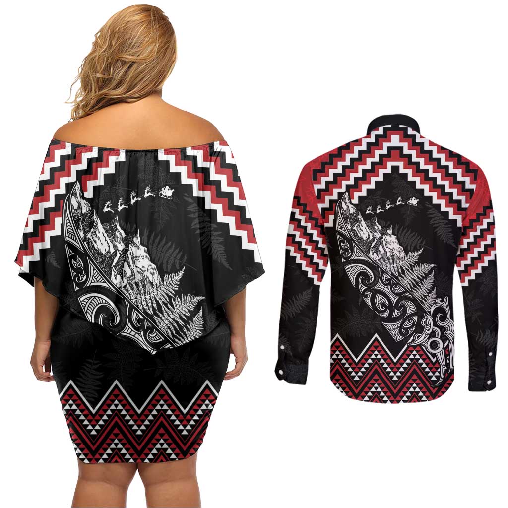 New Zealand Christmas Taniko Poutama Couples Matching Off Shoulder Short Dress and Long Sleeve Button Shirt Mountainscape Maori Fern - Aussie Hoodie
