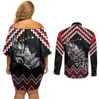New Zealand Christmas Taniko Poutama Couples Matching Off Shoulder Short Dress and Long Sleeve Button Shirt Mountainscape Maori Fern - Aussie Hoodie