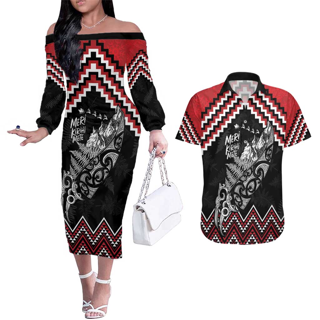 New Zealand Christmas Taniko Poutama Couples Matching Off The Shoulder Long Sleeve Dress and Hawaiian Shirt Mountainscape Maori Fern - Aussie Hoodie