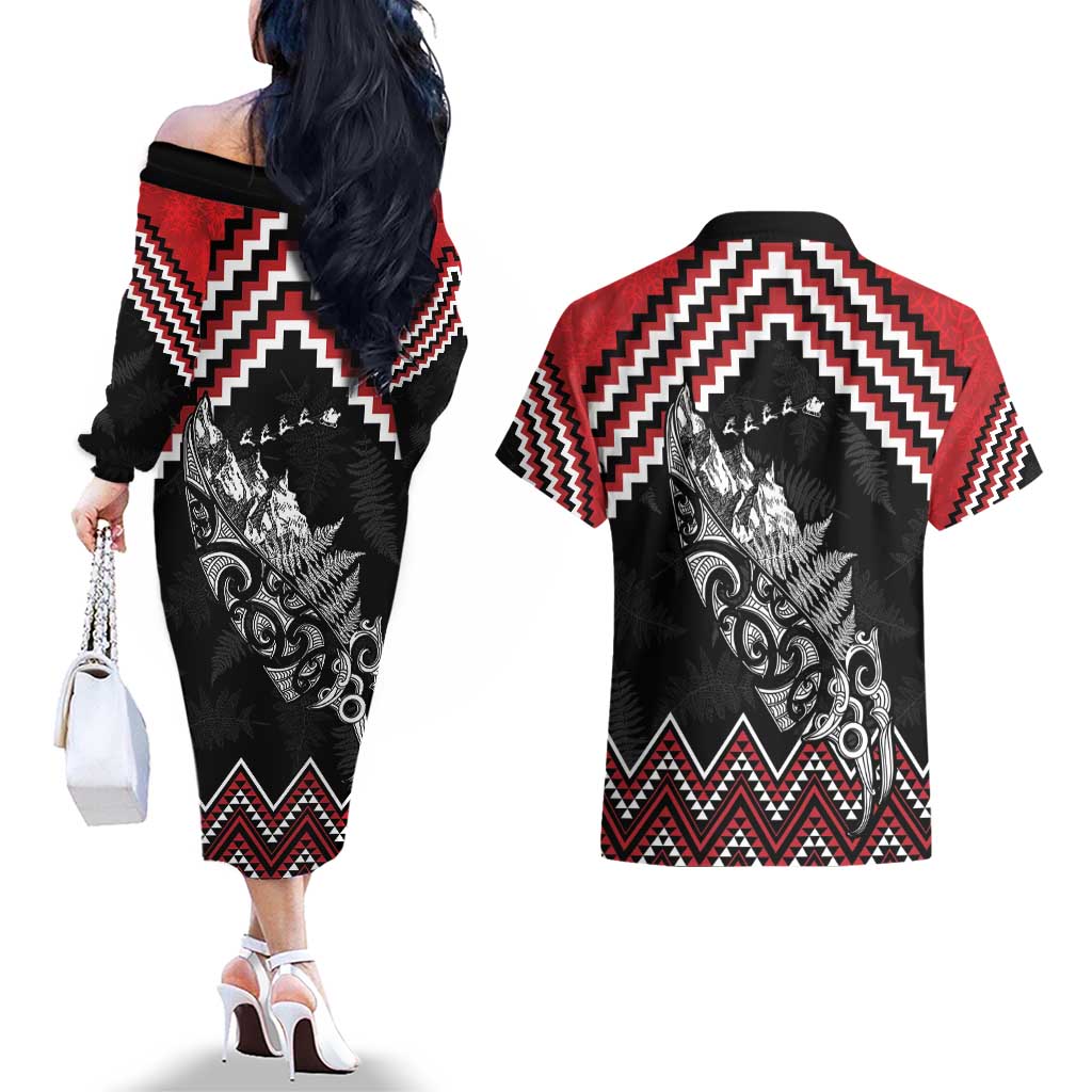 New Zealand Christmas Taniko Poutama Couples Matching Off The Shoulder Long Sleeve Dress and Hawaiian Shirt Mountainscape Maori Fern - Aussie Hoodie