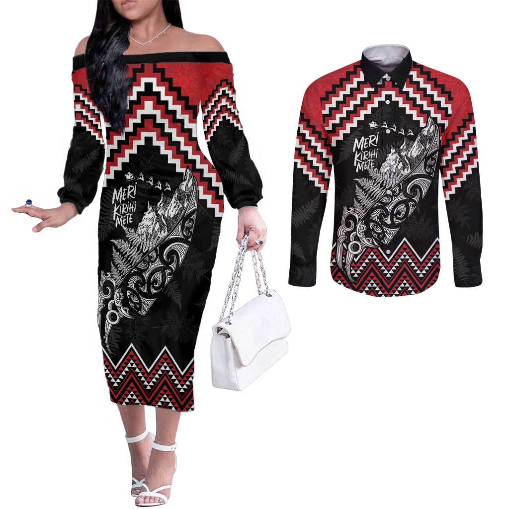 New Zealand Christmas Taniko Poutama Couples Matching Off The Shoulder Long Sleeve Dress and Long Sleeve Button Shirt Mountainscape Maori Fern - Aussie Hoodie