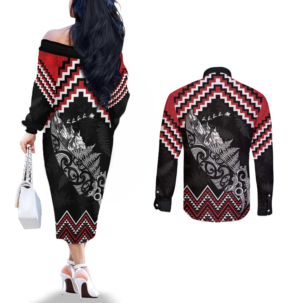 New Zealand Christmas Taniko Poutama Couples Matching Off The Shoulder Long Sleeve Dress and Long Sleeve Button Shirt Mountainscape Maori Fern - Aussie Hoodie