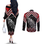 New Zealand Christmas Taniko Poutama Couples Matching Off The Shoulder Long Sleeve Dress and Long Sleeve Button Shirt Mountainscape Maori Fern - Aussie Hoodie
