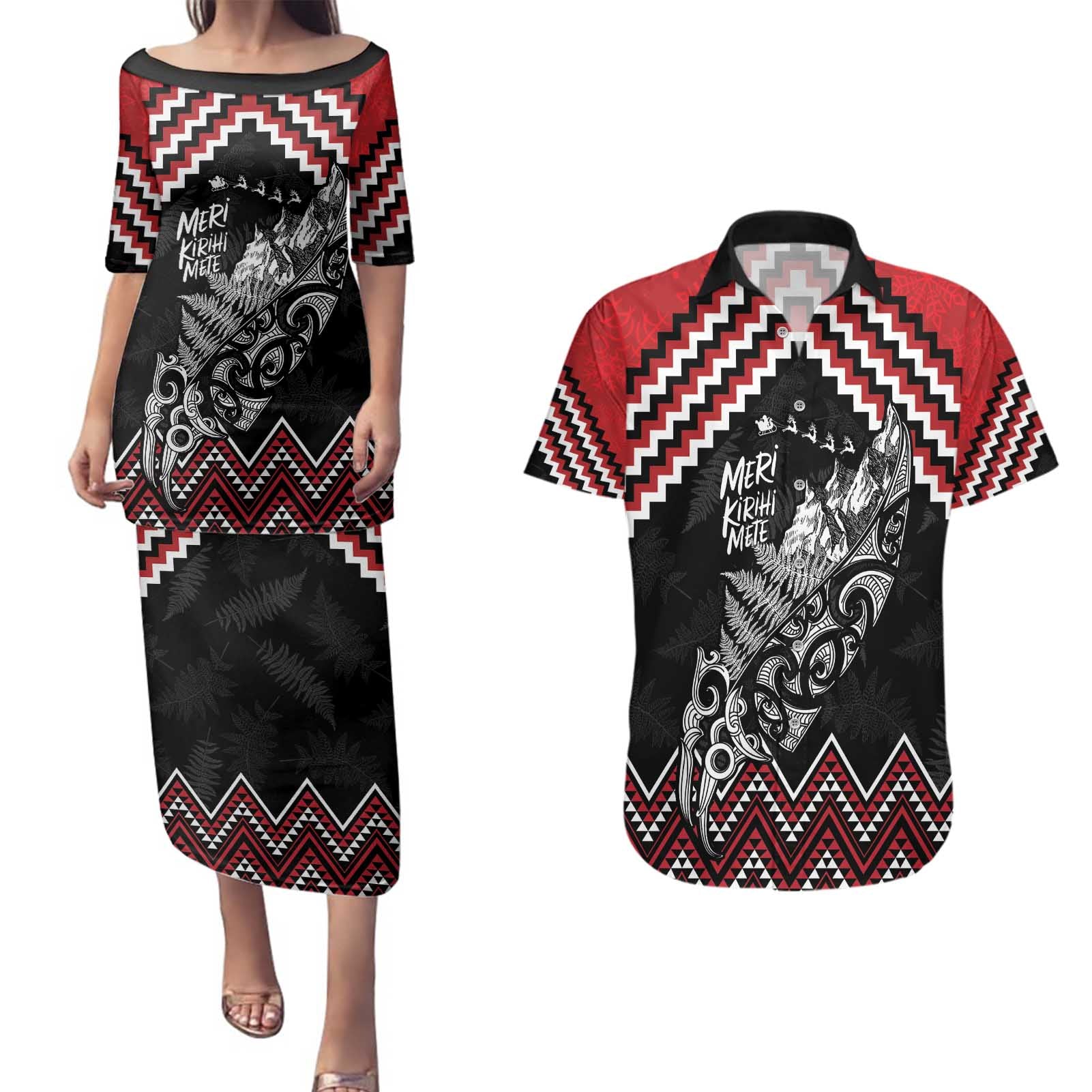 New Zealand Christmas Taniko Poutama Couples Matching Puletasi and Hawaiian Shirt Mountainscape Maori Fern - Aussie Hoodie