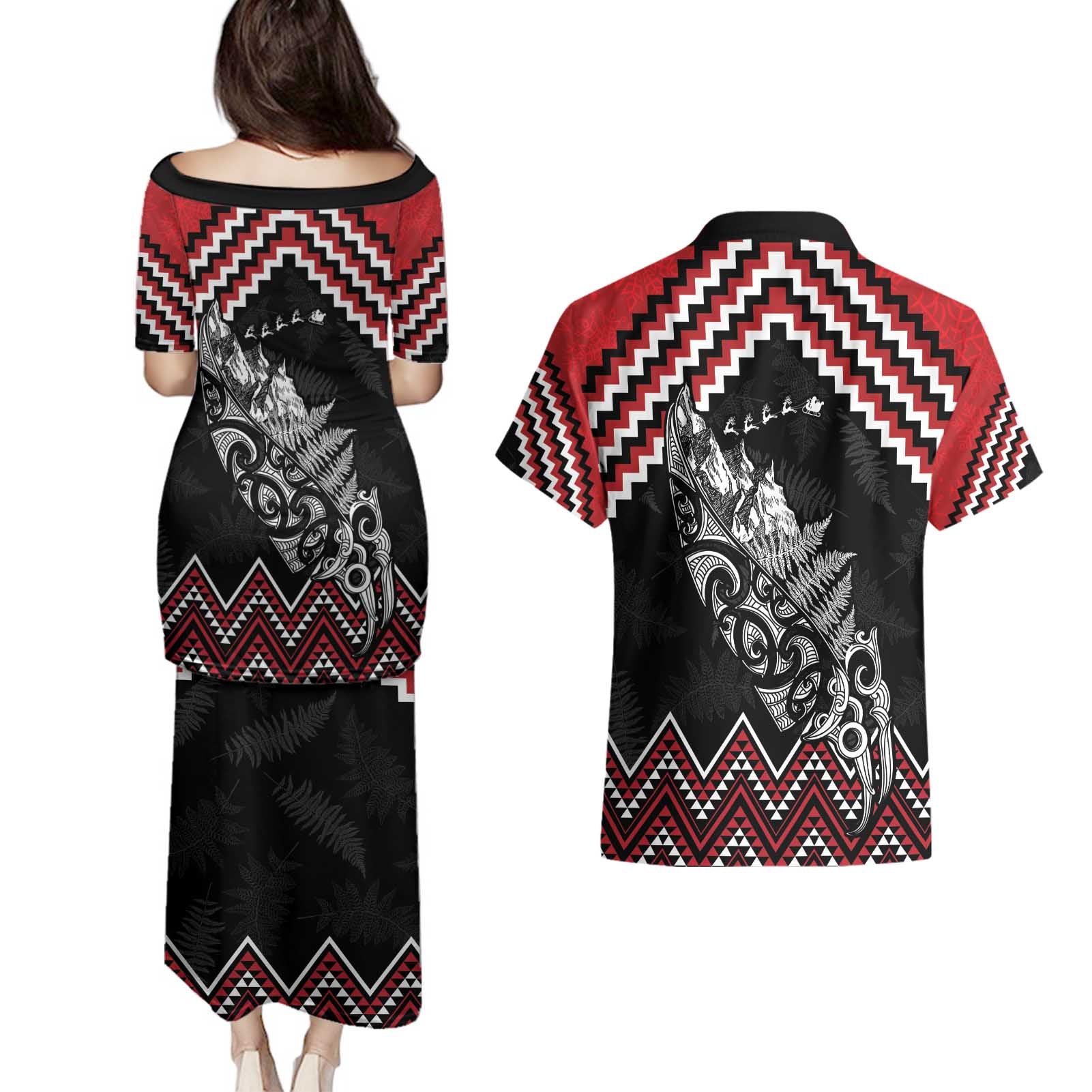 New Zealand Christmas Taniko Poutama Couples Matching Puletasi and Hawaiian Shirt Mountainscape Maori Fern - Aussie Hoodie