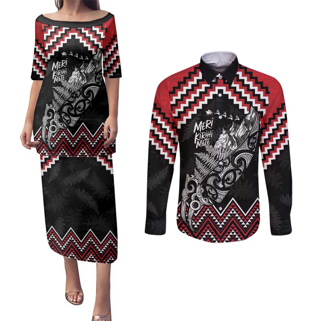 New Zealand Christmas Taniko Poutama Couples Matching Puletasi and Long Sleeve Button Shirt Mountainscape Maori Fern - Aussie Hoodie