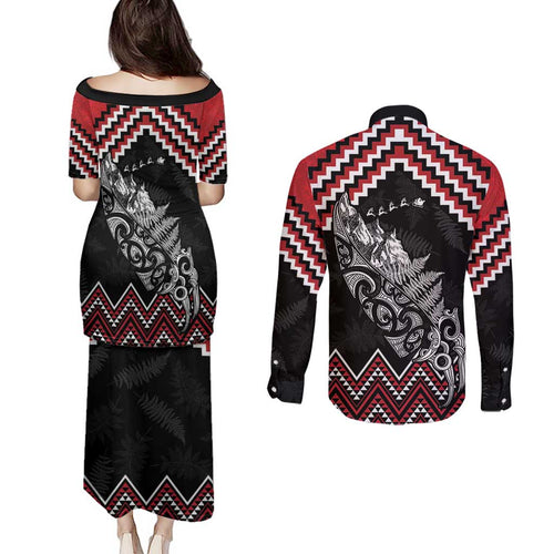 New Zealand Christmas Taniko Poutama Couples Matching Puletasi and Long Sleeve Button Shirt Mountainscape Maori Fern - Aussie Hoodie