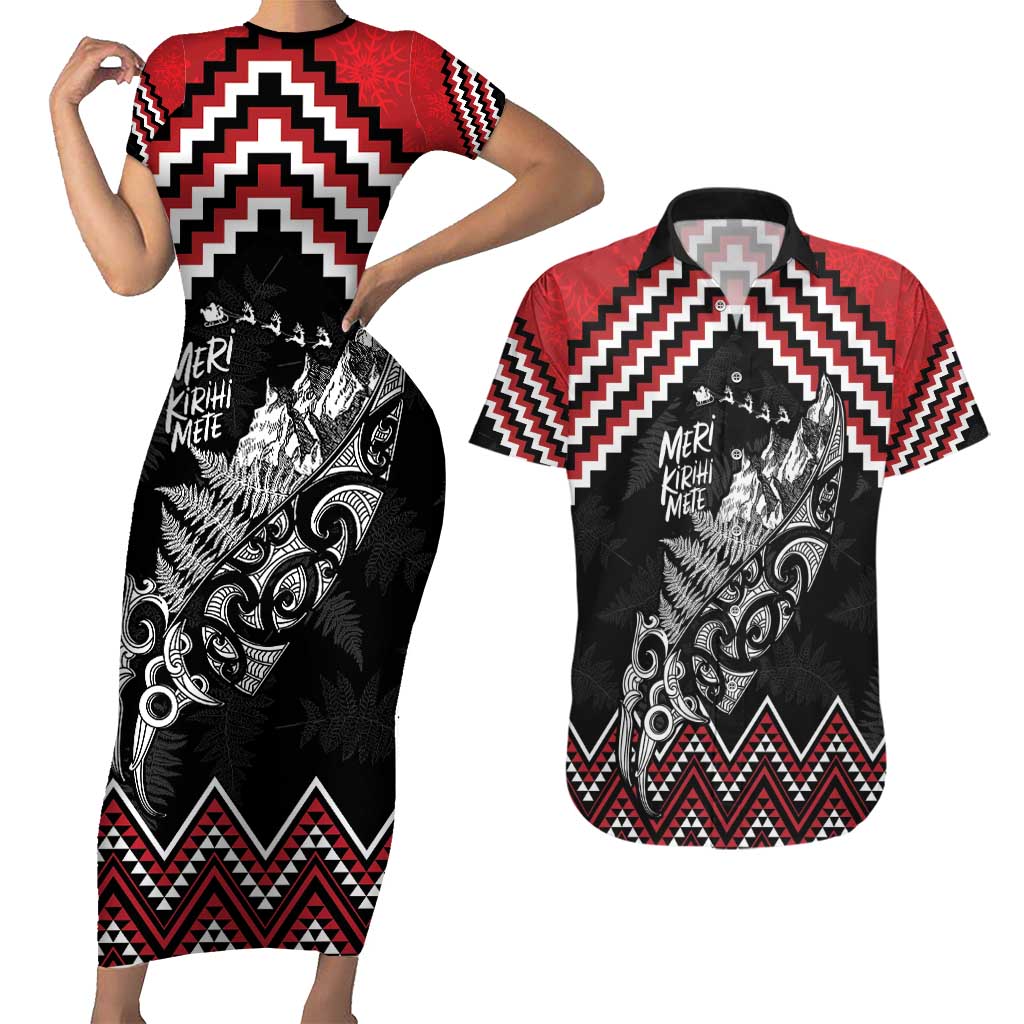 New Zealand Christmas Taniko Poutama Couples Matching Short Sleeve Bodycon Dress and Hawaiian Shirt Mountainscape Maori Fern - Aussie Hoodie