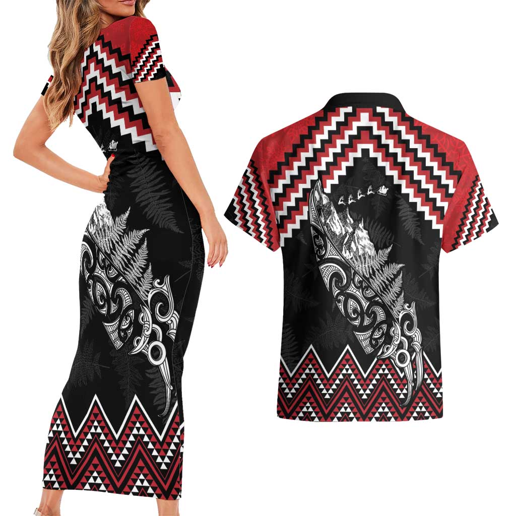 New Zealand Christmas Taniko Poutama Couples Matching Short Sleeve Bodycon Dress and Hawaiian Shirt Mountainscape Maori Fern - Aussie Hoodie