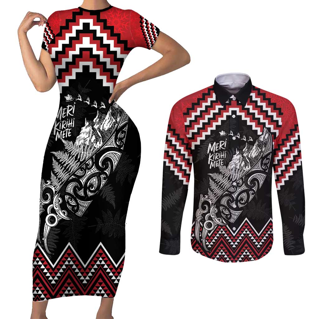 New Zealand Christmas Taniko Poutama Couples Matching Short Sleeve Bodycon Dress and Long Sleeve Button Shirt Mountainscape Maori Fern - Aussie Hoodie
