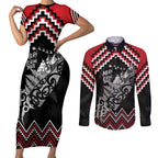 New Zealand Christmas Taniko Poutama Couples Matching Short Sleeve Bodycon Dress and Long Sleeve Button Shirt Mountainscape Maori Fern - Aussie Hoodie