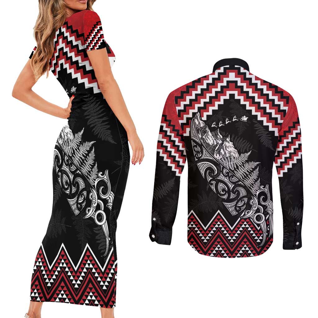 New Zealand Christmas Taniko Poutama Couples Matching Short Sleeve Bodycon Dress and Long Sleeve Button Shirt Mountainscape Maori Fern - Aussie Hoodie