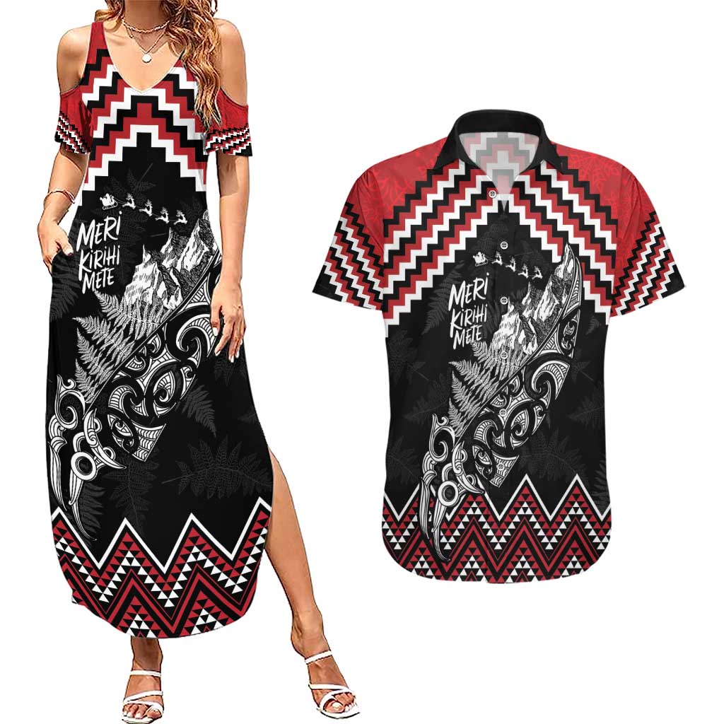 New Zealand Christmas Taniko Poutama Couples Matching Summer Maxi Dress and Hawaiian Shirt Mountainscape Maori Fern - Aussie Hoodie