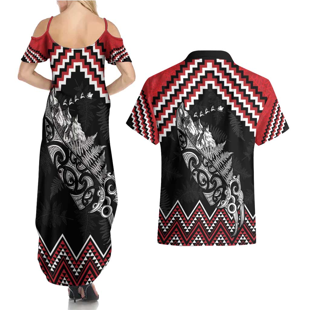 New Zealand Christmas Taniko Poutama Couples Matching Summer Maxi Dress and Hawaiian Shirt Mountainscape Maori Fern - Aussie Hoodie