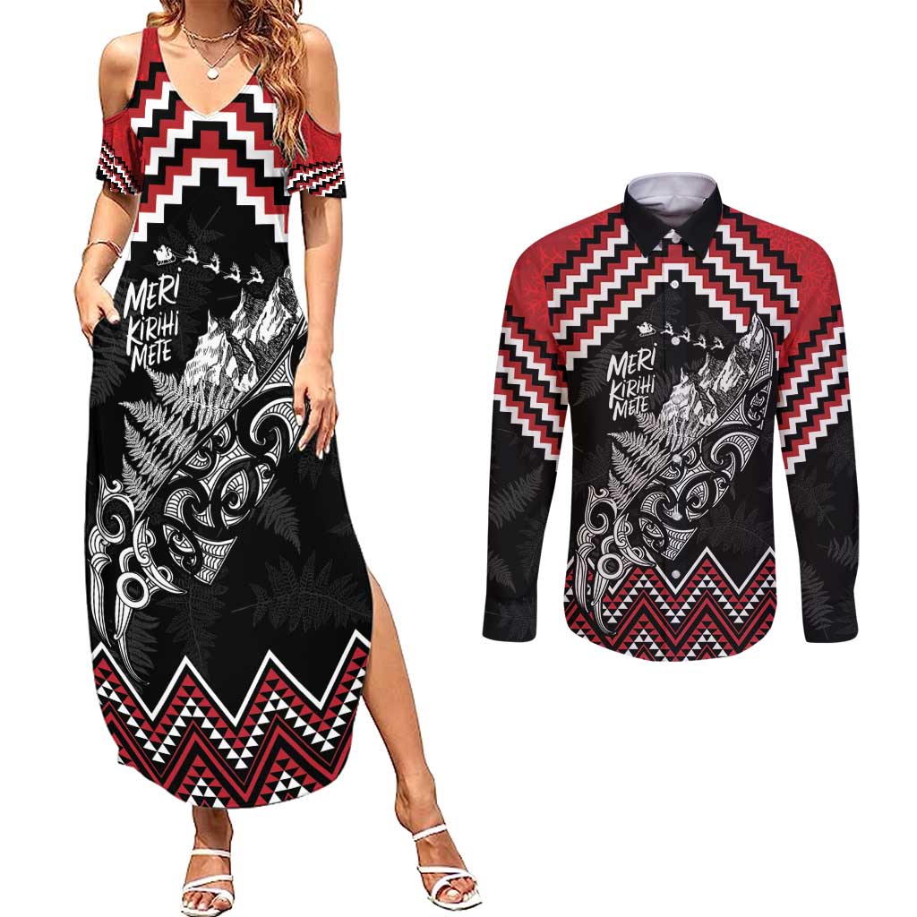 New Zealand Christmas Taniko Poutama Couples Matching Summer Maxi Dress and Long Sleeve Button Shirt Mountainscape Maori Fern - Aussie Hoodie