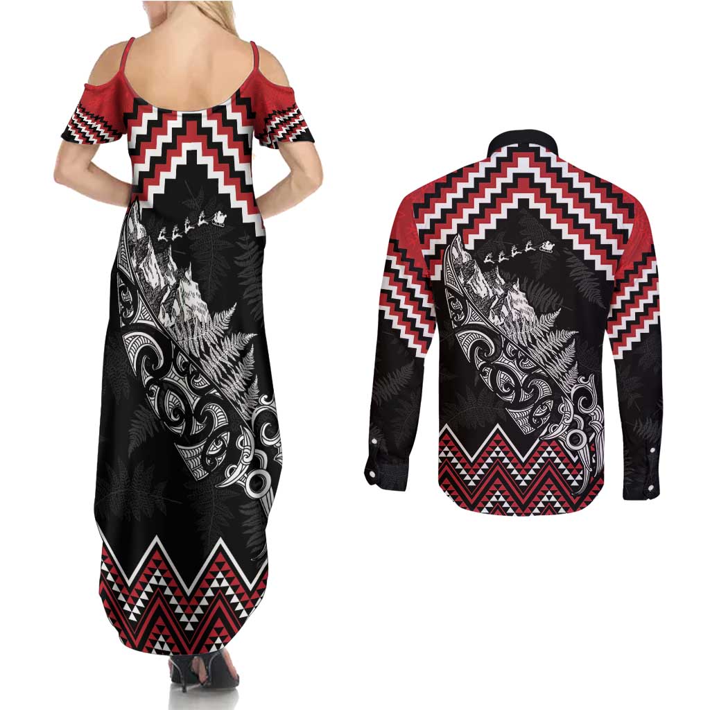 New Zealand Christmas Taniko Poutama Couples Matching Summer Maxi Dress and Long Sleeve Button Shirt Mountainscape Maori Fern - Aussie Hoodie