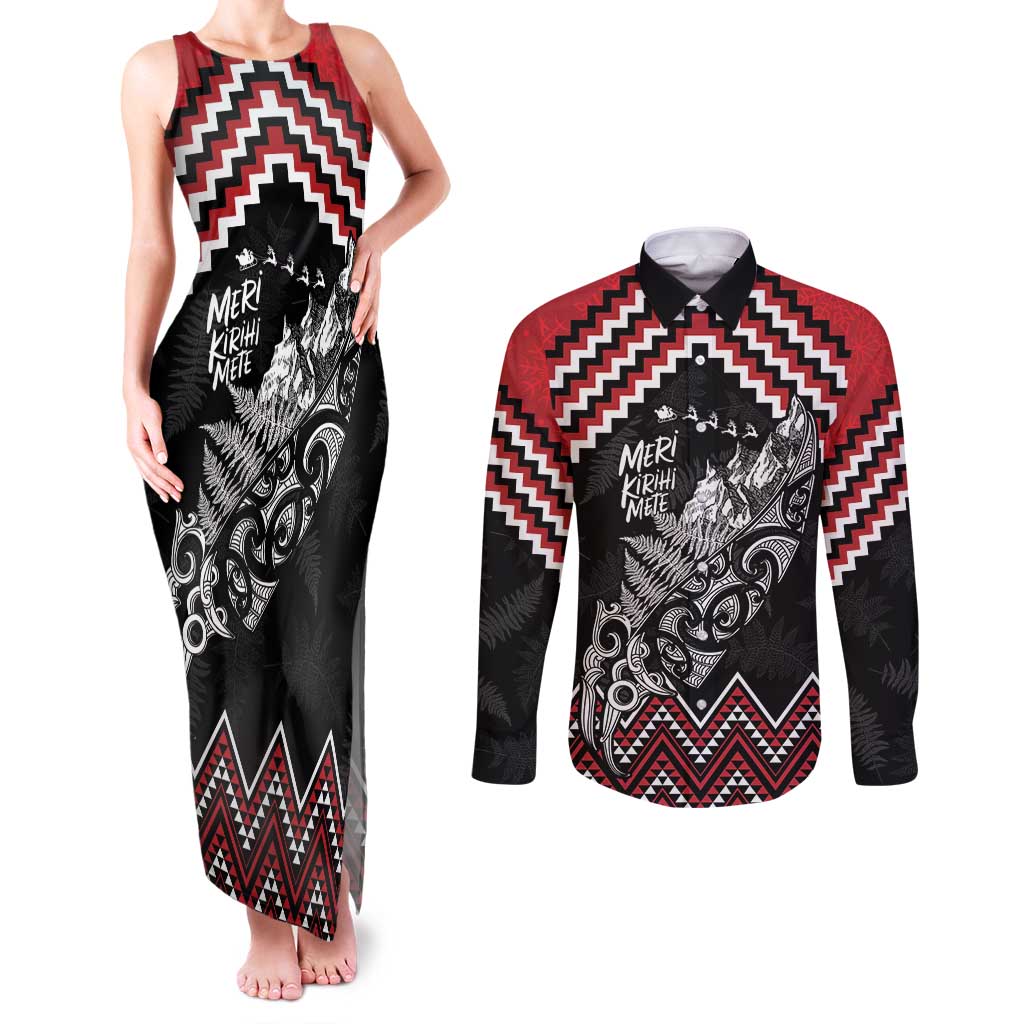 New Zealand Christmas Taniko Poutama Couples Matching Tank Maxi Dress and Long Sleeve Button Shirt Mountainscape Maori Fern - Aussie Hoodie