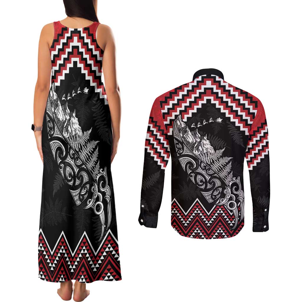 New Zealand Christmas Taniko Poutama Couples Matching Tank Maxi Dress and Long Sleeve Button Shirt Mountainscape Maori Fern - Aussie Hoodie