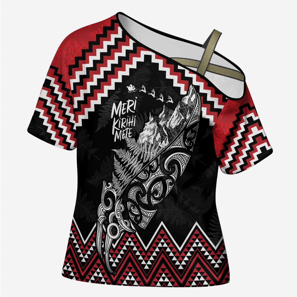 New Zealand Christmas Taniko Poutama Cross Shoulder Shirt Mountainscape Maori Fern - Aussie Hoodie