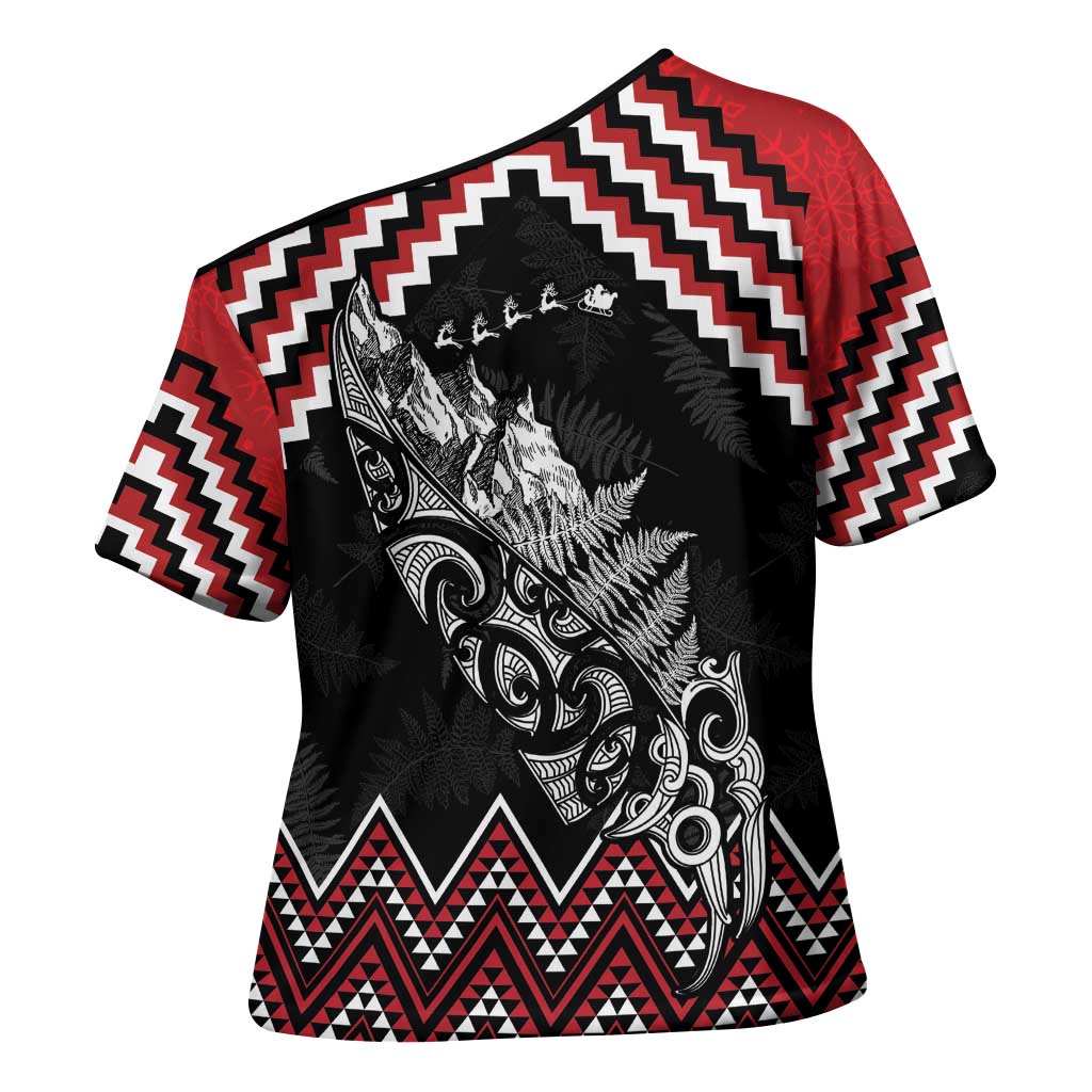 New Zealand Christmas Taniko Poutama Cross Shoulder Shirt Mountainscape Maori Fern - Aussie Hoodie