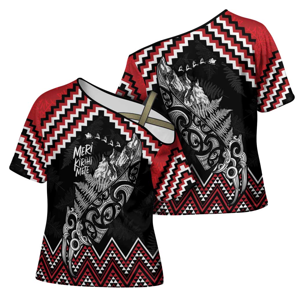 New Zealand Christmas Taniko Poutama Cross Shoulder Shirt Mountainscape Maori Fern - Aussie Hoodie