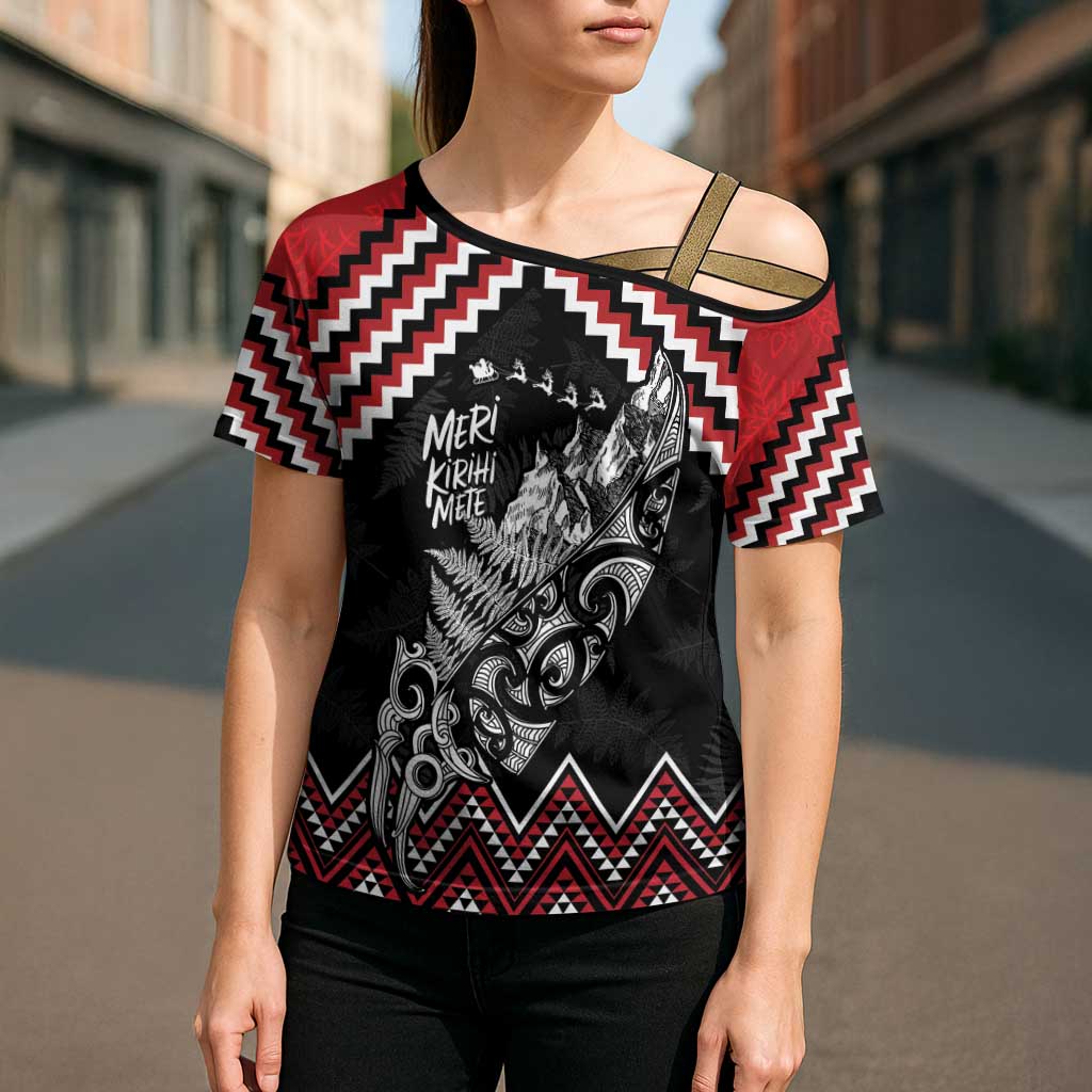 New Zealand Christmas Taniko Poutama Cross Shoulder Shirt Mountainscape Maori Fern - Aussie Hoodie