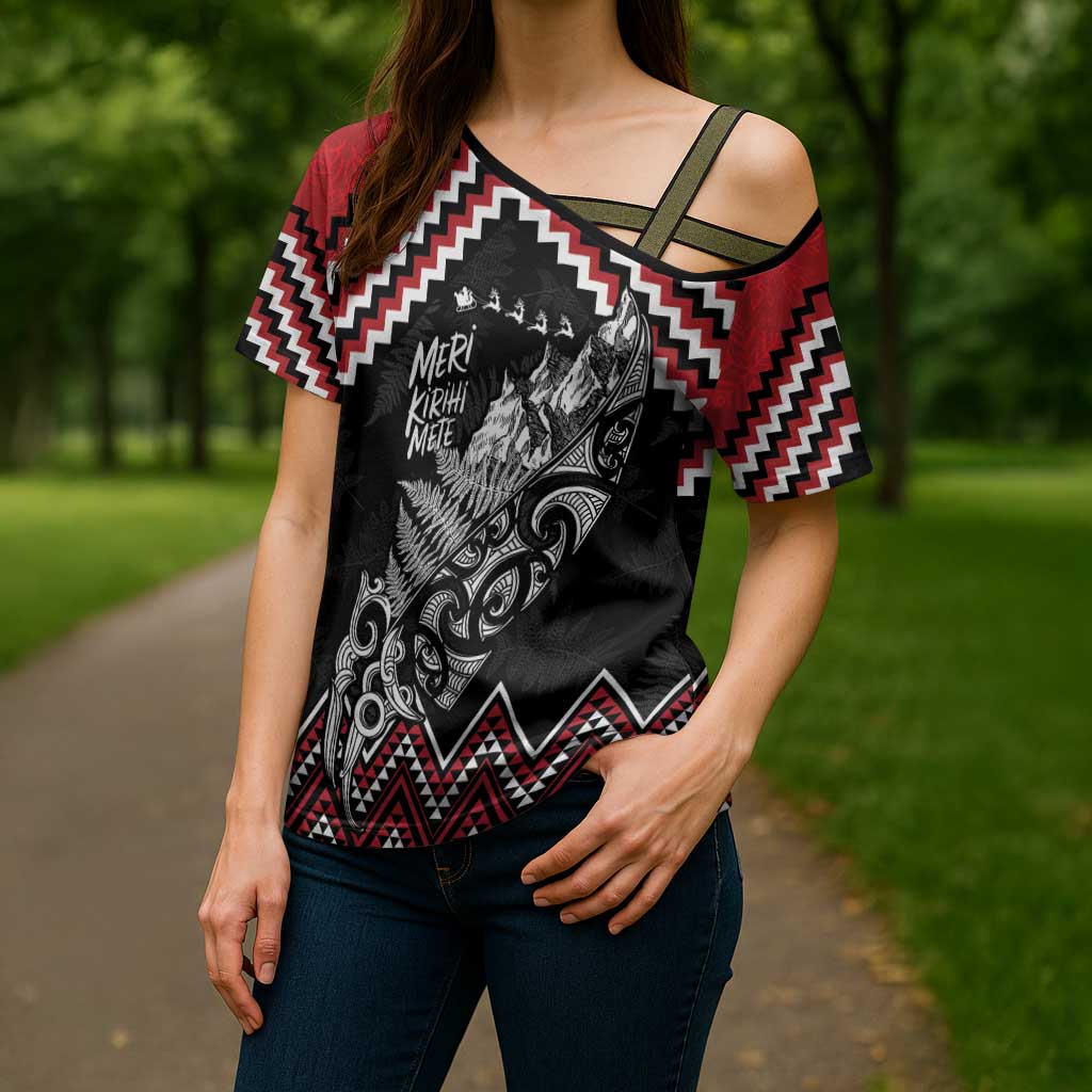 New Zealand Christmas Taniko Poutama Cross Shoulder Shirt Mountainscape Maori Fern - Aussie Hoodie