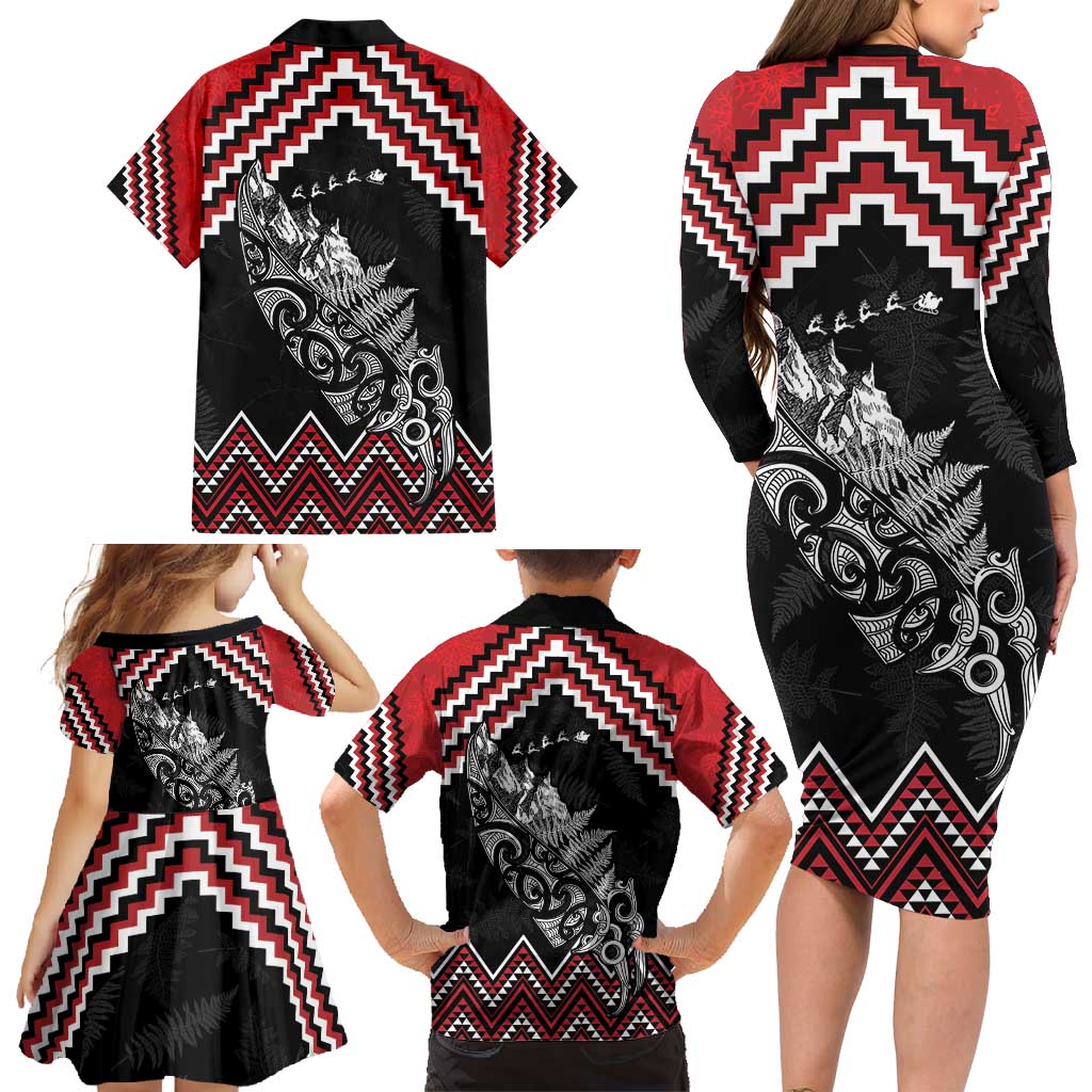 New Zealand Christmas Taniko Poutama Family Matching Long Sleeve Bodycon Dress and Hawaiian Shirt Mountainscape Maori Fern - Aussie Hoodie