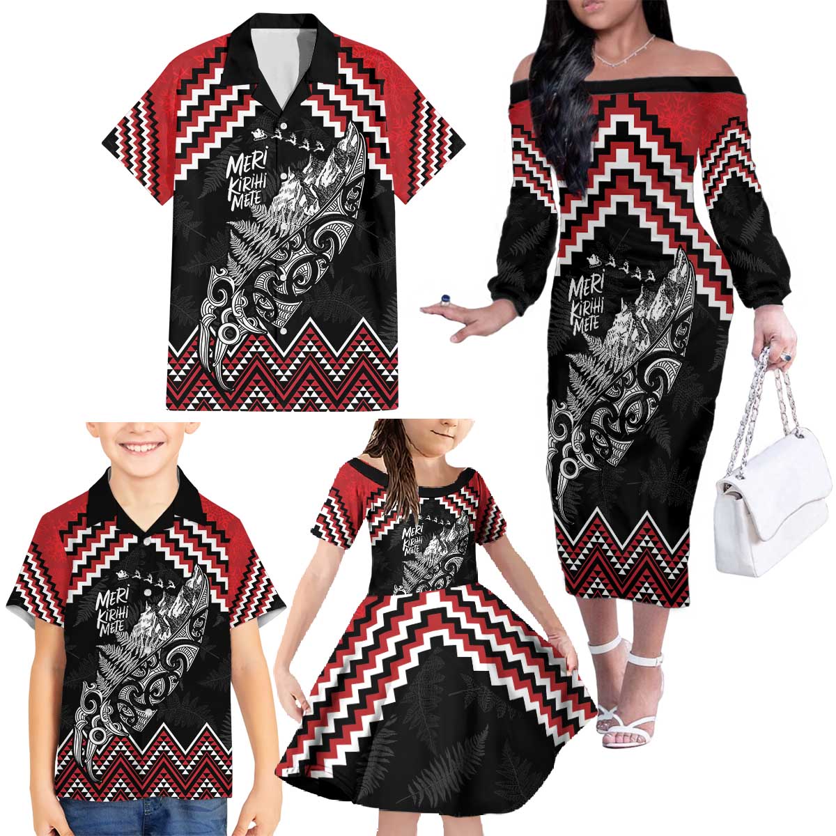 New Zealand Christmas Taniko Poutama Family Matching Off The Shoulder Long Sleeve Dress and Hawaiian Shirt Mountainscape Maori Fern - Aussie Hoodie