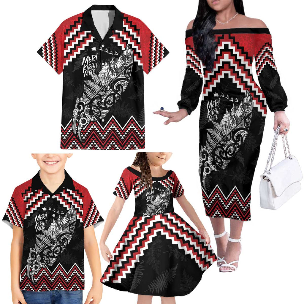 New Zealand Christmas Taniko Poutama Family Matching Off The Shoulder Long Sleeve Dress and Hawaiian Shirt Mountainscape Maori Fern - Aussie Hoodie