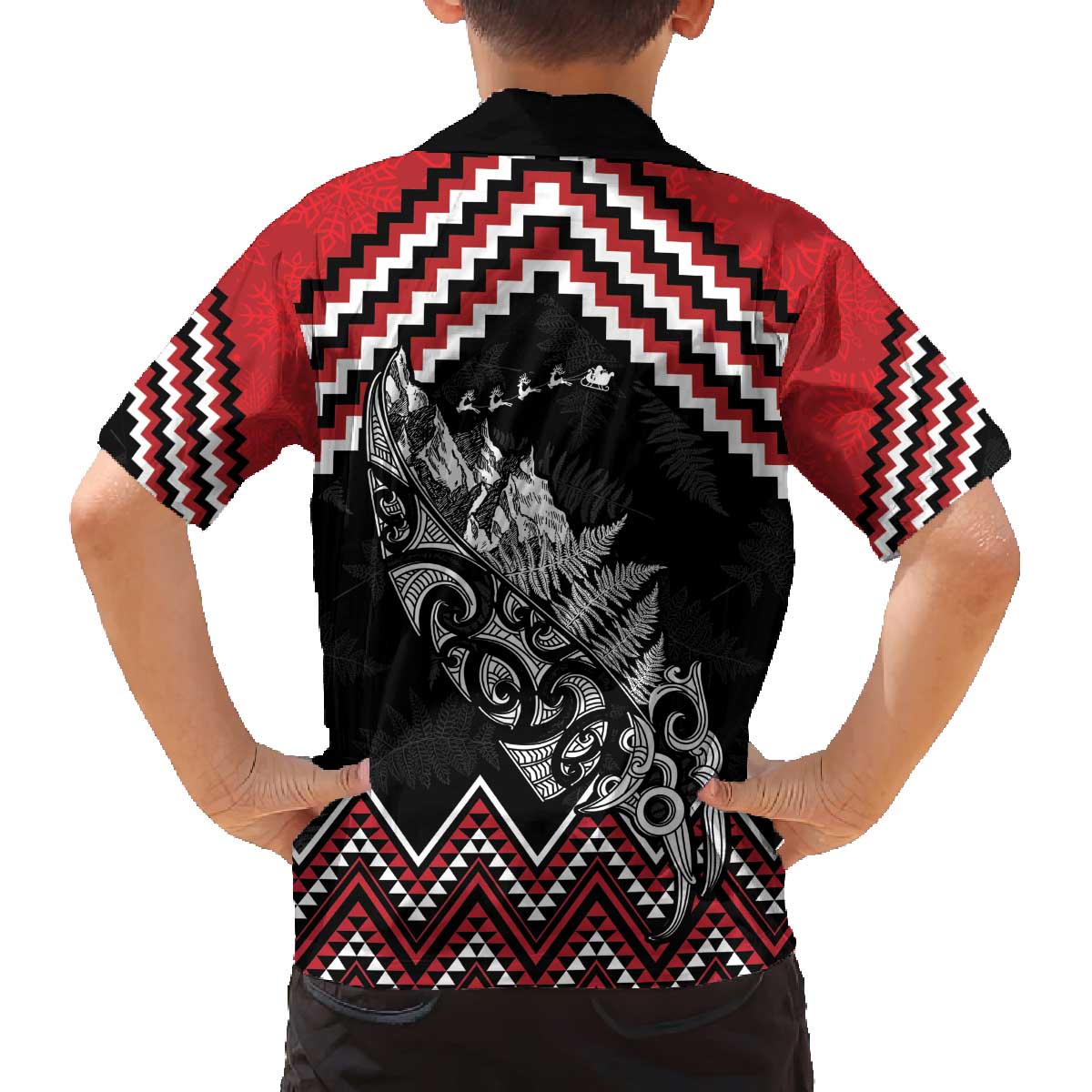 New Zealand Christmas Taniko Poutama Family Matching Off The Shoulder Long Sleeve Dress and Hawaiian Shirt Mountainscape Maori Fern - Aussie Hoodie