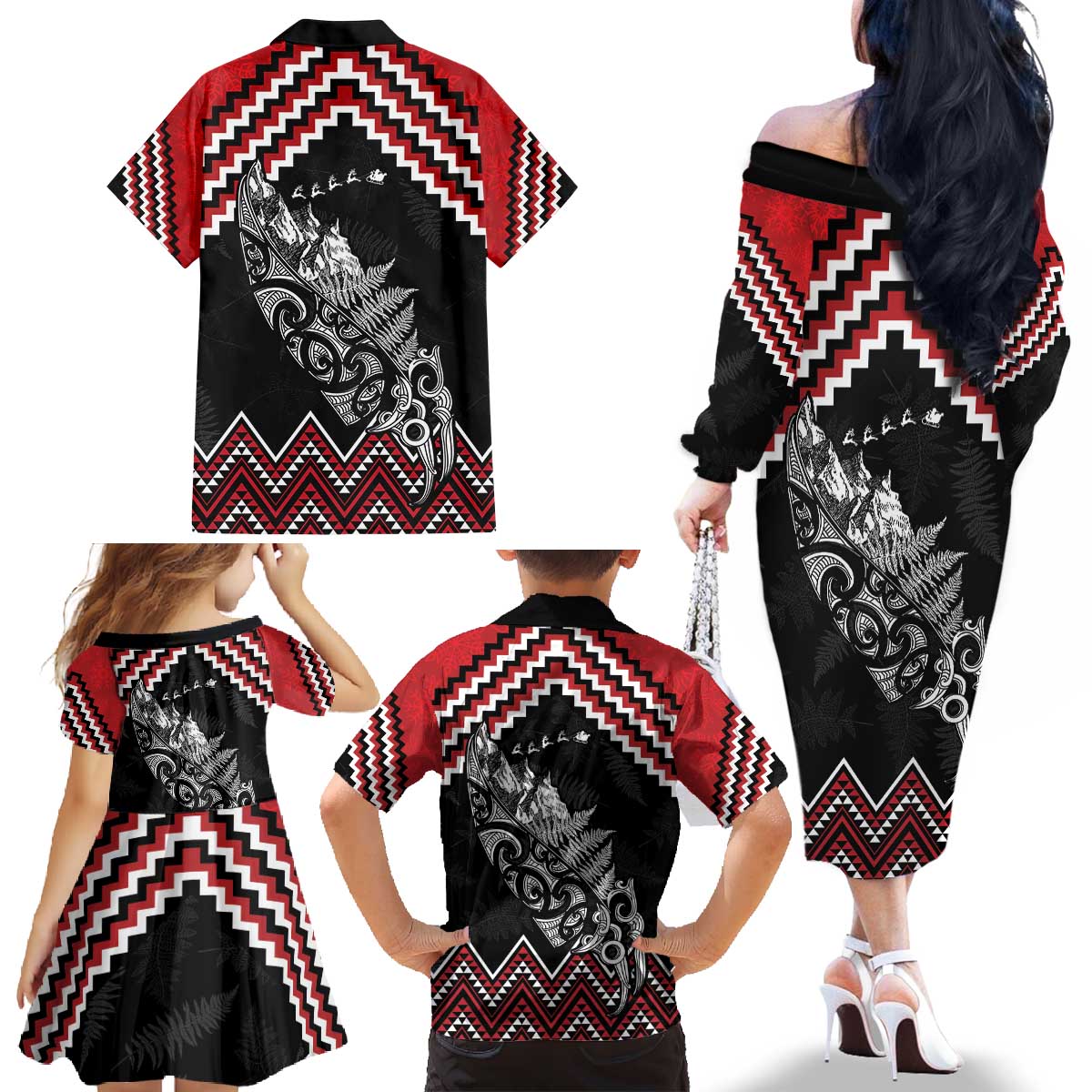 New Zealand Christmas Taniko Poutama Family Matching Off The Shoulder Long Sleeve Dress and Hawaiian Shirt Mountainscape Maori Fern - Aussie Hoodie