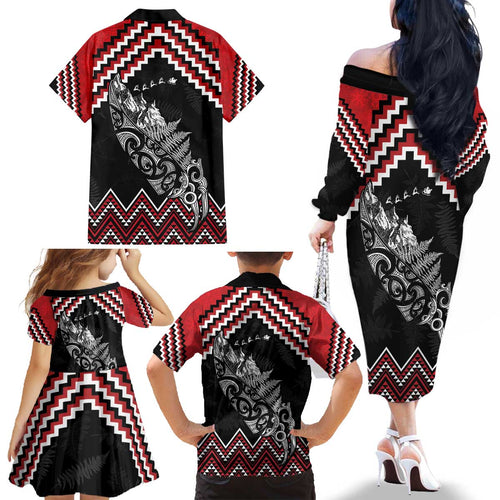 New Zealand Christmas Taniko Poutama Family Matching Off The Shoulder Long Sleeve Dress and Hawaiian Shirt Mountainscape Maori Fern - Aussie Hoodie