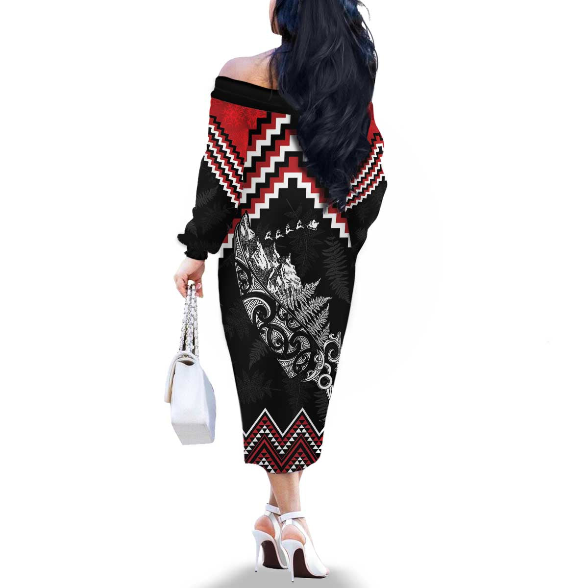New Zealand Christmas Taniko Poutama Family Matching Off The Shoulder Long Sleeve Dress and Hawaiian Shirt Mountainscape Maori Fern - Aussie Hoodie