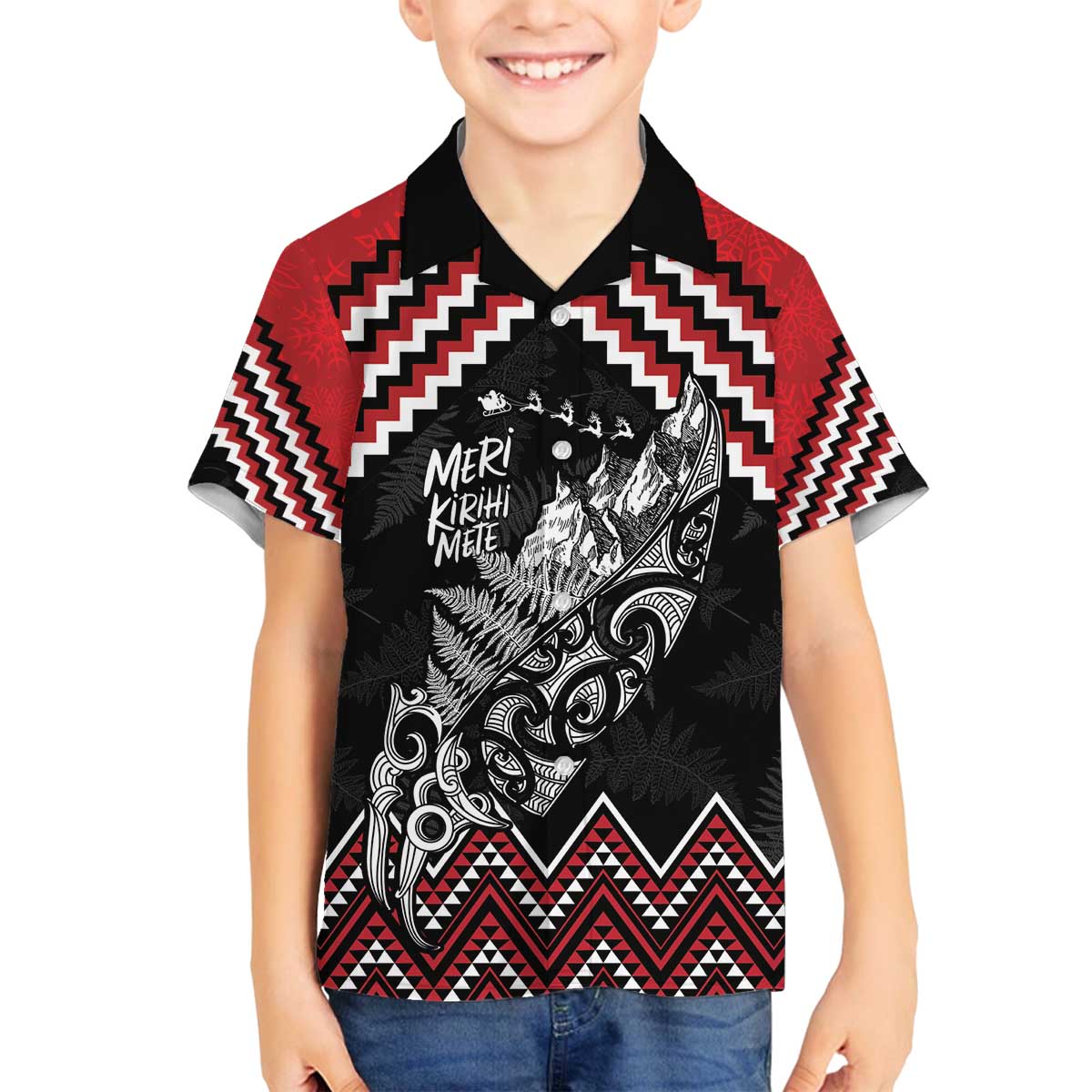 New Zealand Christmas Taniko Poutama Family Matching Off The Shoulder Long Sleeve Dress and Hawaiian Shirt Mountainscape Maori Fern - Aussie Hoodie