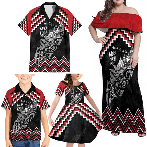 New Zealand Christmas Taniko Poutama Family Matching Off Shoulder Maxi Dress and Hawaiian Shirt Mountainscape Maori Fern - Aussie Hoodie