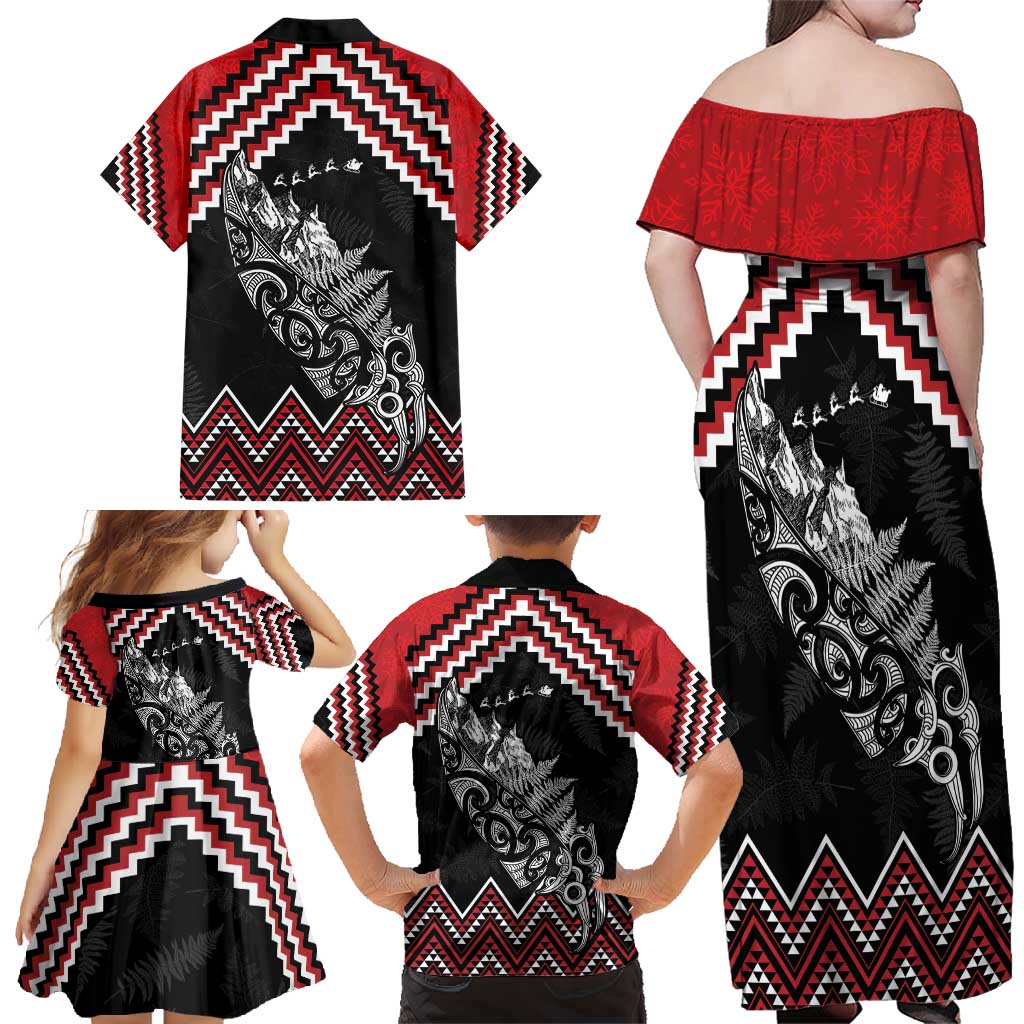 New Zealand Christmas Taniko Poutama Family Matching Off Shoulder Maxi Dress and Hawaiian Shirt Mountainscape Maori Fern - Aussie Hoodie