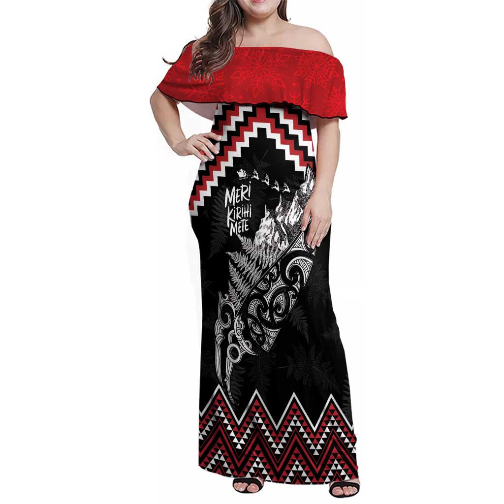 New Zealand Christmas Taniko Poutama Family Matching Off Shoulder Maxi Dress and Hawaiian Shirt Mountainscape Maori Fern - Aussie Hoodie