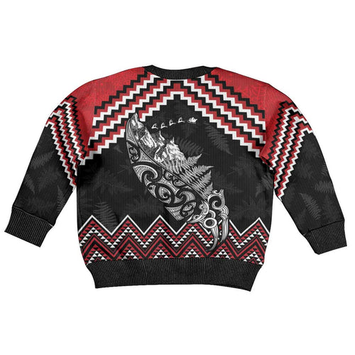 New Zealand Christmas Taniko Poutama Kid Ugly Christmas Sweater Mountainscape Maori Fern - Aussie Hoodie