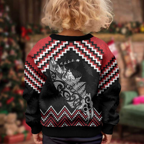 New Zealand Christmas Taniko Poutama Kid Ugly Christmas Sweater Mountainscape Maori Fern - Aussie Hoodie