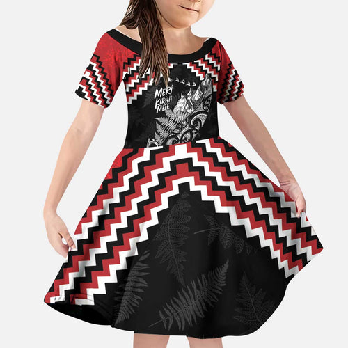New Zealand Christmas Taniko Poutama Kid Short Sleeve Dress Mountainscape Maori Fern - Aussie Hoodie