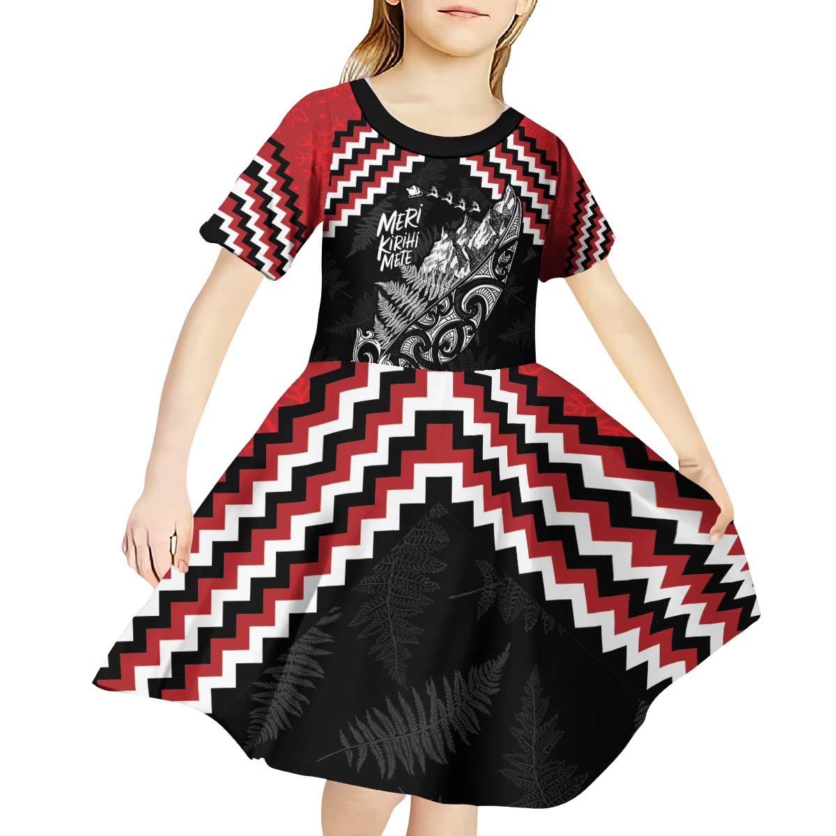 New Zealand Christmas Taniko Poutama Kid Short Sleeve Dress Mountainscape Maori Fern - Aussie Hoodie
