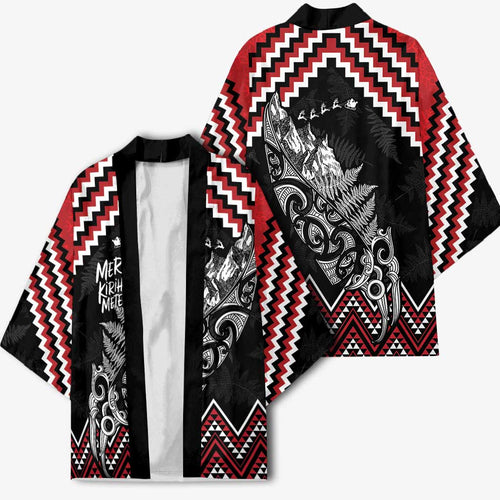 New Zealand Christmas Taniko Poutama Kimono Mountainscape Maori Fern - Aussie Hoodie