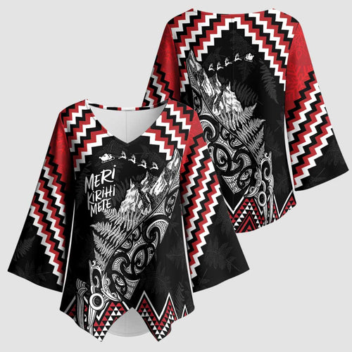 New Zealand Christmas Taniko Poutama Kimono Sleeve Blouse Mountainscape Maori Fern - Aussie Hoodie