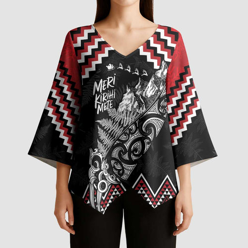 New Zealand Christmas Taniko Poutama Kimono Sleeve Blouse Mountainscape Maori Fern - Aussie Hoodie