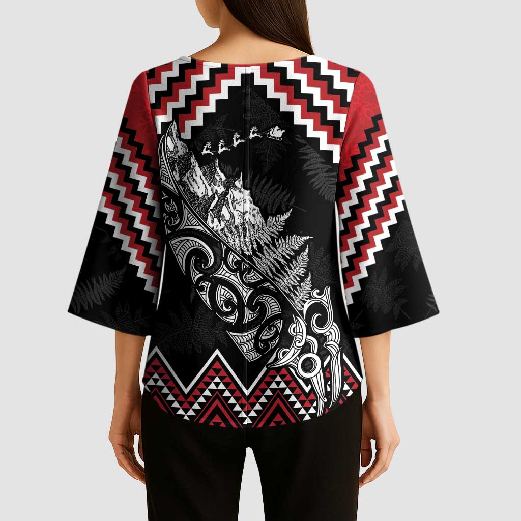 New Zealand Christmas Taniko Poutama Kimono Sleeve Blouse Mountainscape Maori Fern - Aussie Hoodie