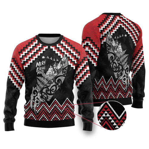 New Zealand Christmas Taniko Poutama Ugly Christmas Sweater Mountainscape Maori Fern - Aussie Hoodie