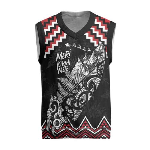 New Zealand Christmas Taniko Poutama Christmas Knitted V-Neck Vest Mountainscape Maori Fern - Aussie Hoodie